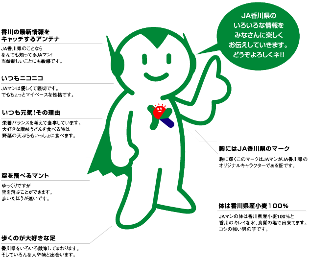 香川の最新情報をキャッチするアンテナ JA香川県のことならなんでも知ってるJAマン！当然新しいことにも敏感です。　いつもニコニコ JAマンは優しくて親切です。でもちょっとマイペースな性格です。　いつも元気！その理由 栄養バランスを考えて食事しています。大好きな讃岐うどんを食べる時は野菜の天ぷらもいっしょに食べます。空を飛べるマント ゆっくりですが空を飛ぶことができます。歩いたほうが速いです。歩くのが大好きな足 香川県をいろいろ散策してまわります。そしていろんな人や物と出会います。旨にはJA香川県のマーク　胸に輝くこのマークはJA漫画JA香川県のオリジナルキャラクターである証です。 体は香川県産小麦100％ JAマンの体は香川県産小麦100％と香川のキレイな水、良質の塩で出来てます。コシの強い男の子です。JA香川県のいろいろな情報をみなさんに楽しくお伝えしていきます。どうぞよろしくネ!!