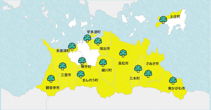 観音寺市　三豊市　丸亀市　綾川町　高松市　三木町　さぬき市　東かがわ市　土庄町　小豆島町　豊島