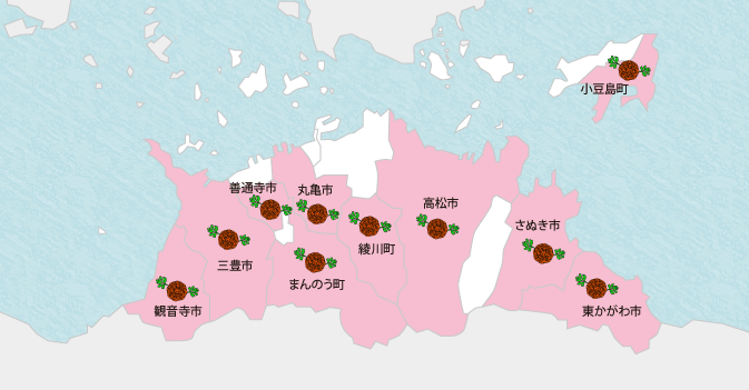 東かがわ市　さぬき市　高松市　小豆島町　綾川町まんのう町　丸亀市　善通寺市　三豊市　観音寺市