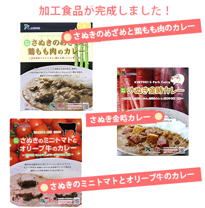 加工食品が完成しました！ さぬきのめざめと鶏もも肉のカレー さぬき金時カレー さぬきのミニトマトとオリーブ牛のカレー