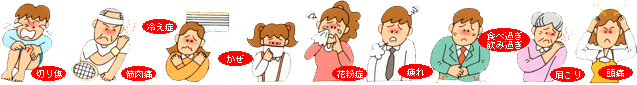 切り傷 筋肉痛 冷え症 かぜ 花粉症 疲れ 食べ過ぎ飲み過ぎ 肩こり 頭痛